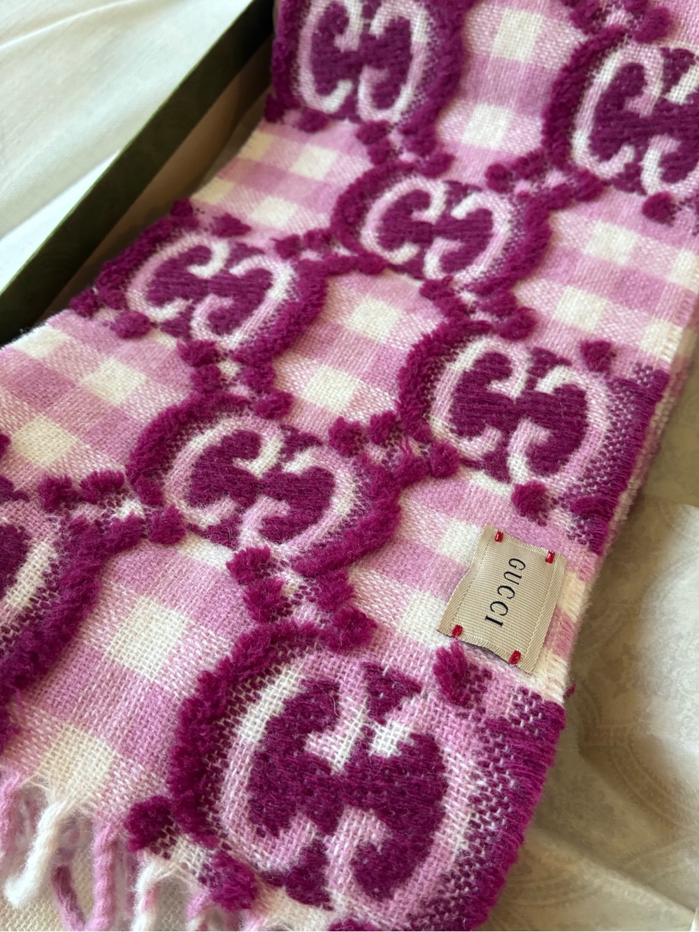 *NWT* Gucci Pink & Plum GG Check Wool Scarf 🧣 16*140cm - Picture 2 of 7